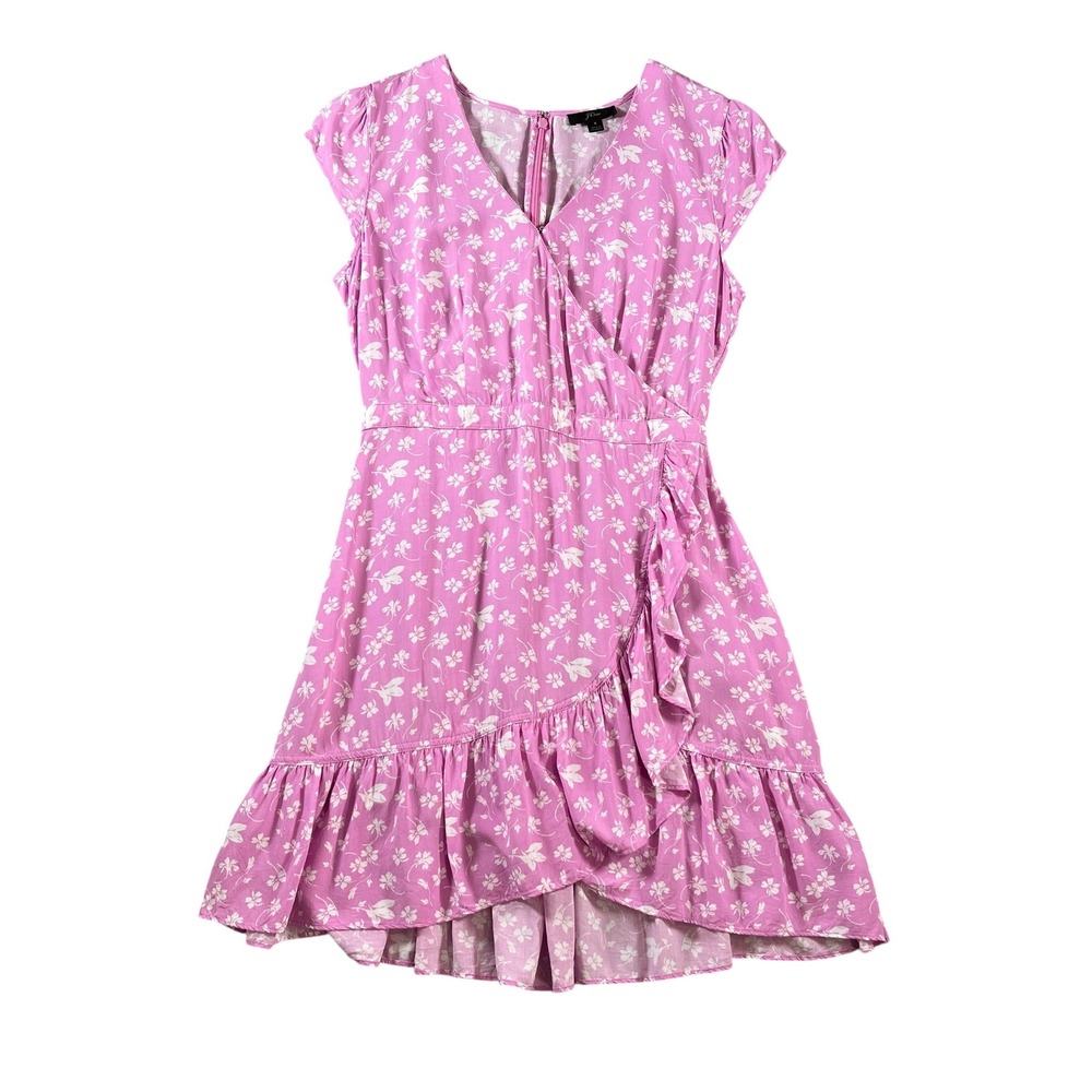 J.Crew Womens Pink Floral Faux Wrap Mini Dress Size 4 Cap Sleeve Ruffle Front